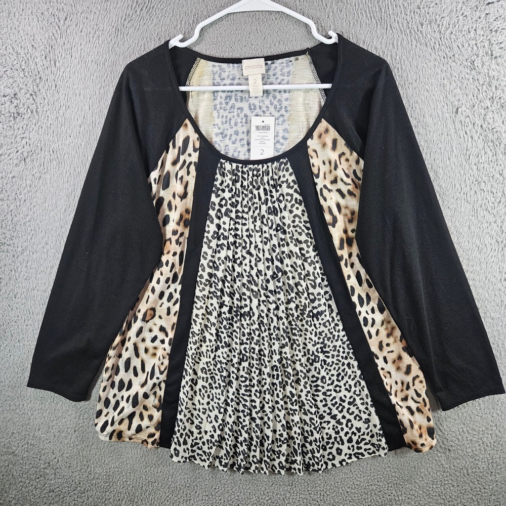 Chicos Asha Split Leopard Top 3/4 Sleeve Pattern Black Animal Print Size 2 NEW